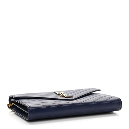 Saint Laurent Grain De Poudre Matelasse Chevron Monogram Chain Wallet Navy 3 of 11