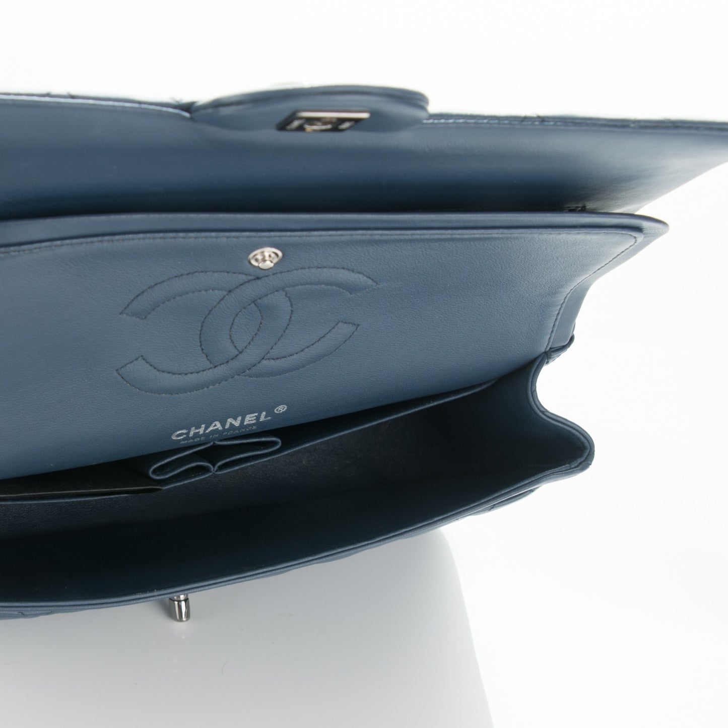 Lambskin Quilted Medium Double Flap Dark Blue