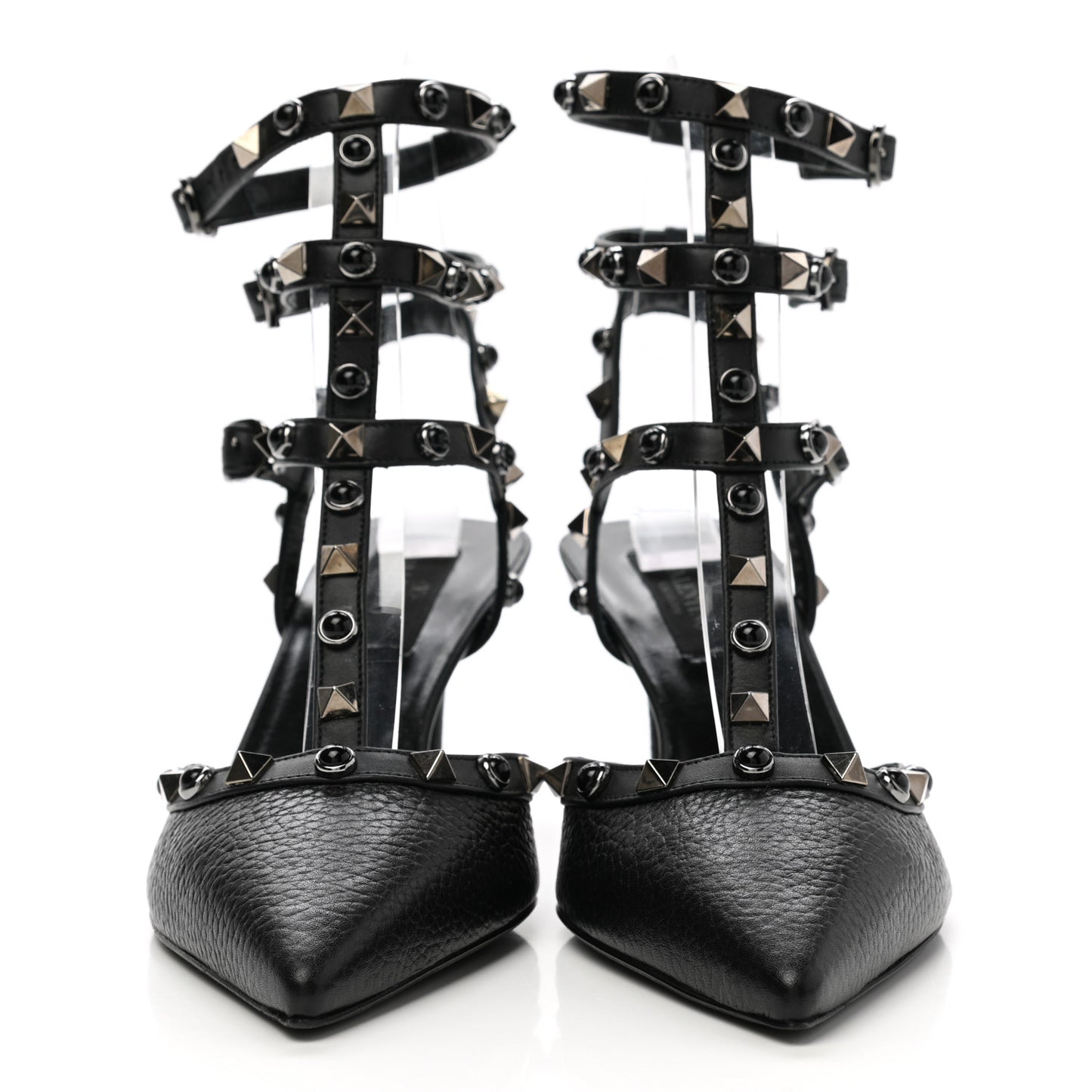 Pebbled Calfskin Onyx Rockstud Rolling Ankle Strap 65mm Pumps 37 Black