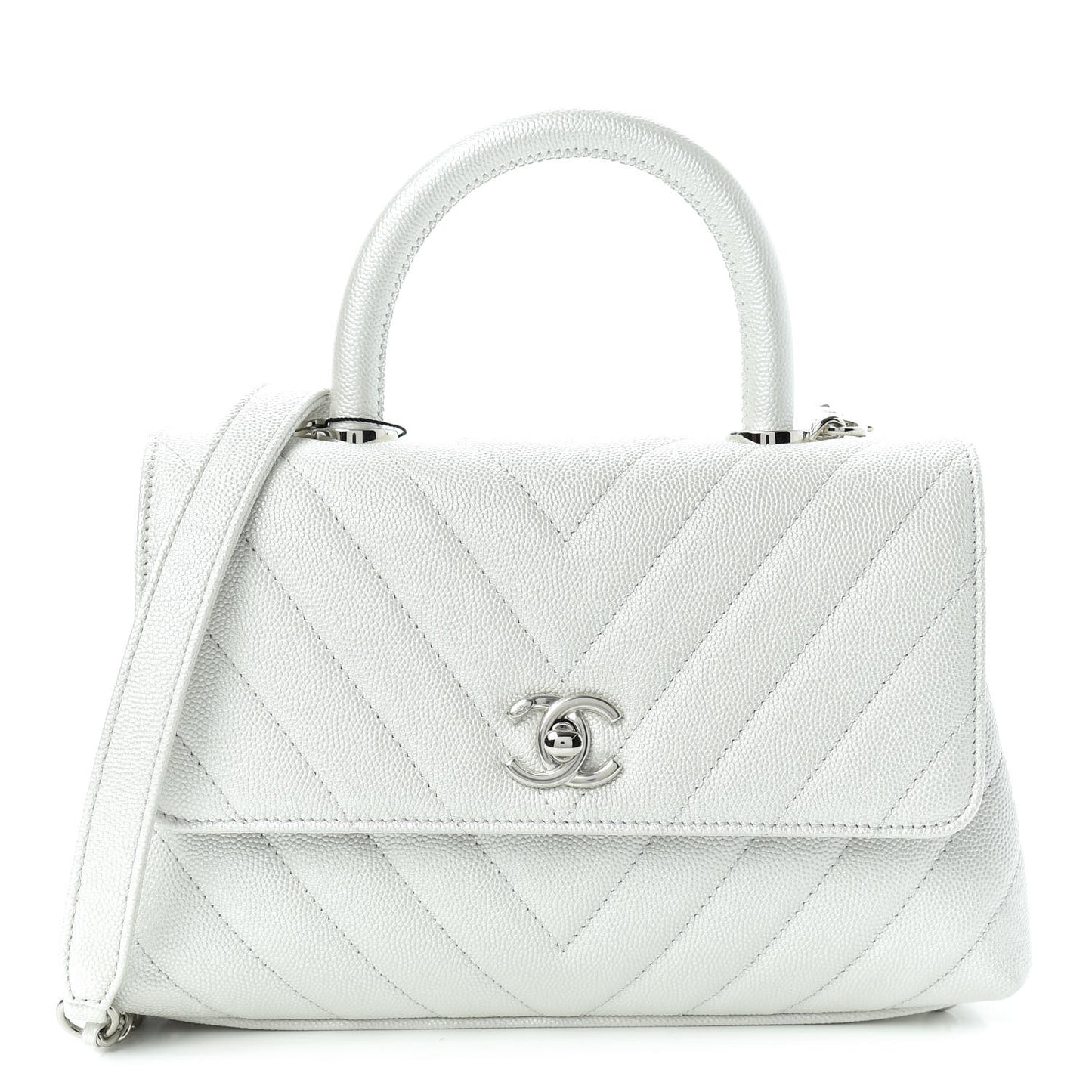 Iridescent Caviar Chevron Quilted Mini Coco Handle Flap White