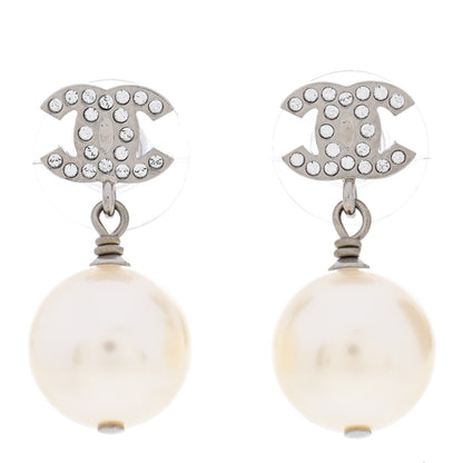 Chanel Crystal Pearl CC Drop Earrings Silver Pearly White 1 of 5