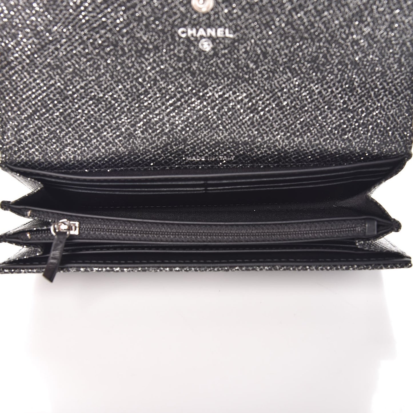 Glitter Calfskin Quilted Long Flap Wallet Black