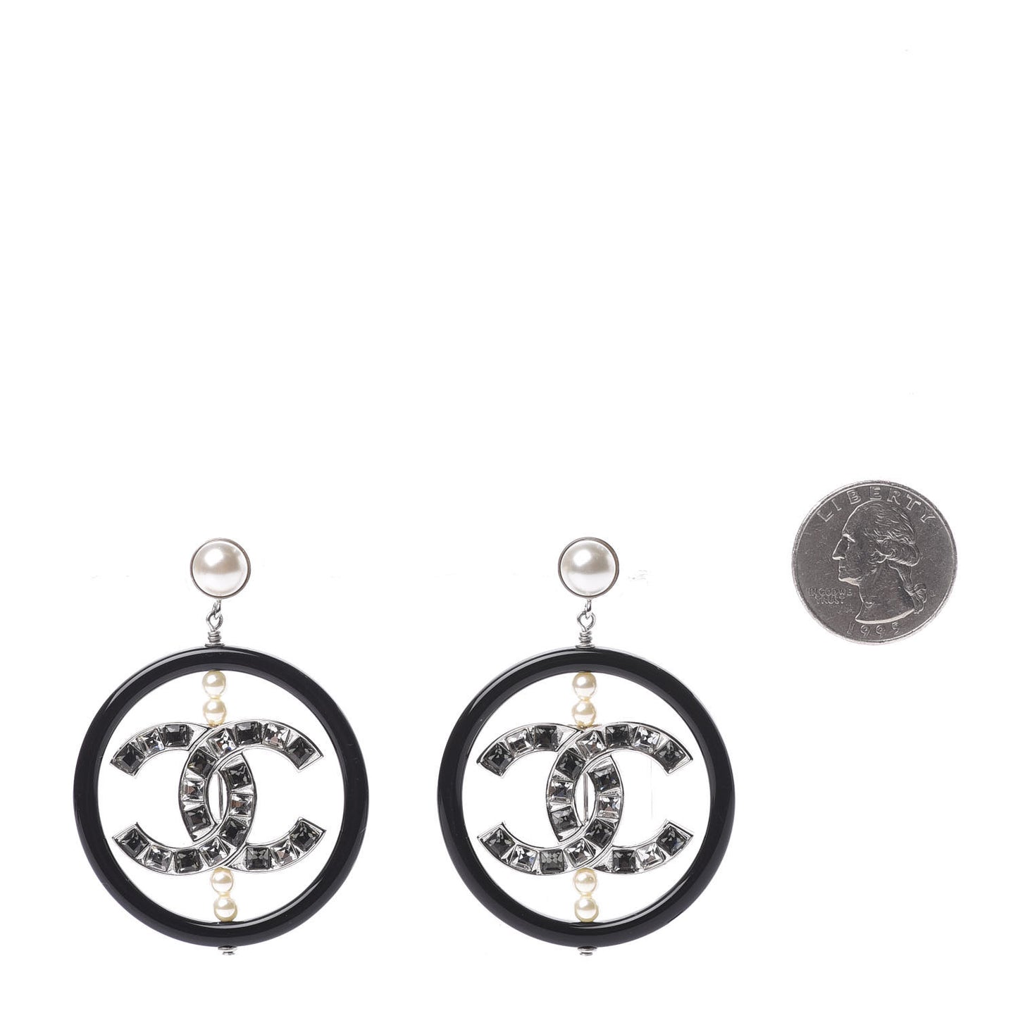 Resin Baguette Crystal Pearl CC Hoop Earrings Black White Grey