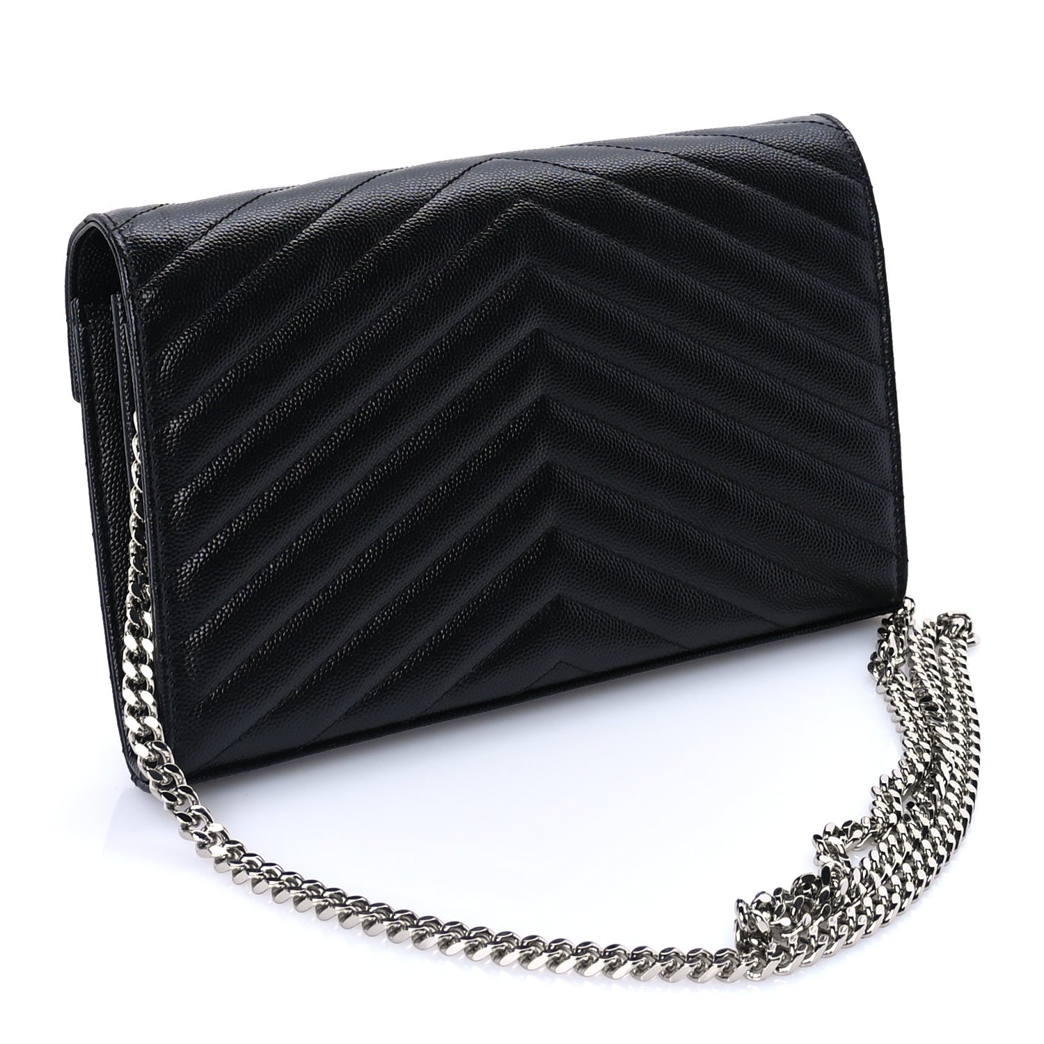 Saint Laurent Grain De Poudre Matelasse Chevron Monogram Chain Wallet Black 2 of 7