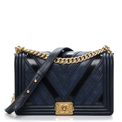 Chanel Calfskin Caviar Suede Chevron New Medium Boy Flap Navy 1 of 7