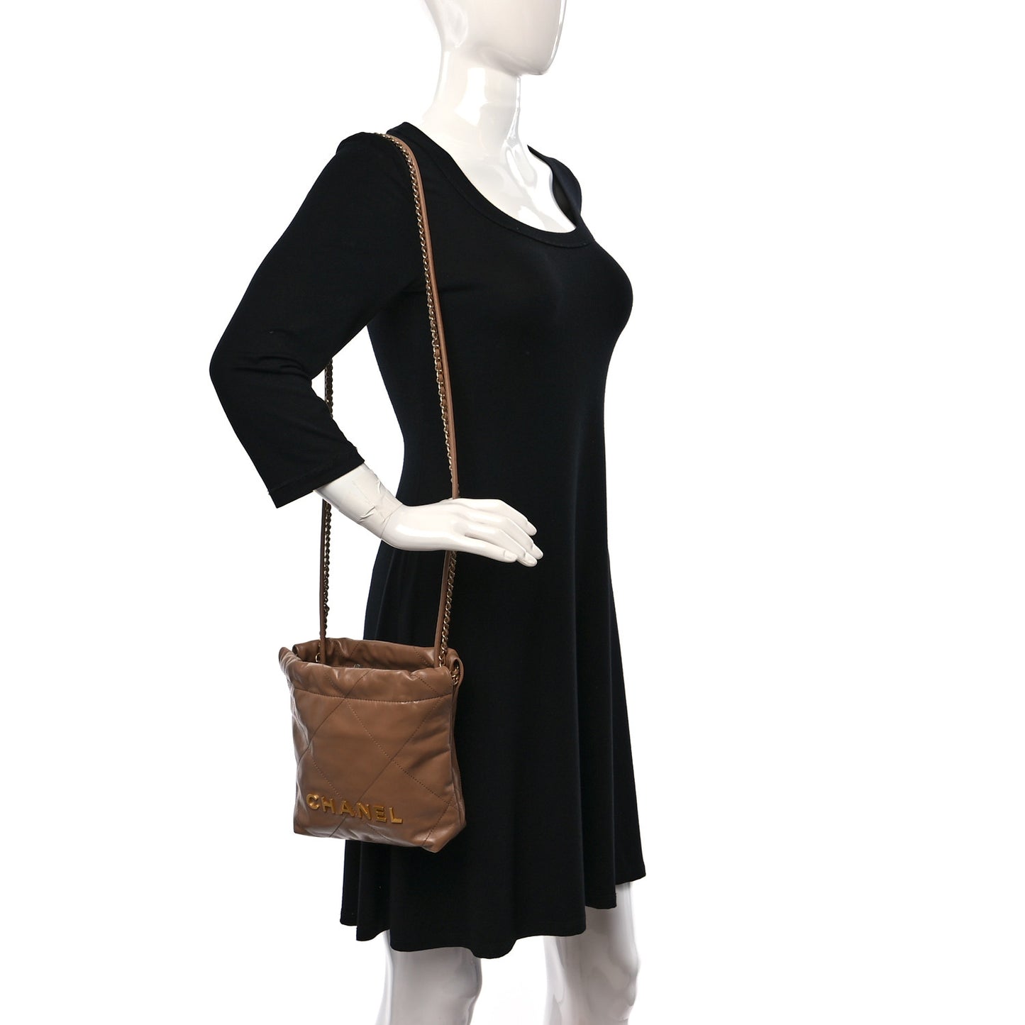 Shiny Calfskin Quilted Mini Chanel 22 Dark Beige