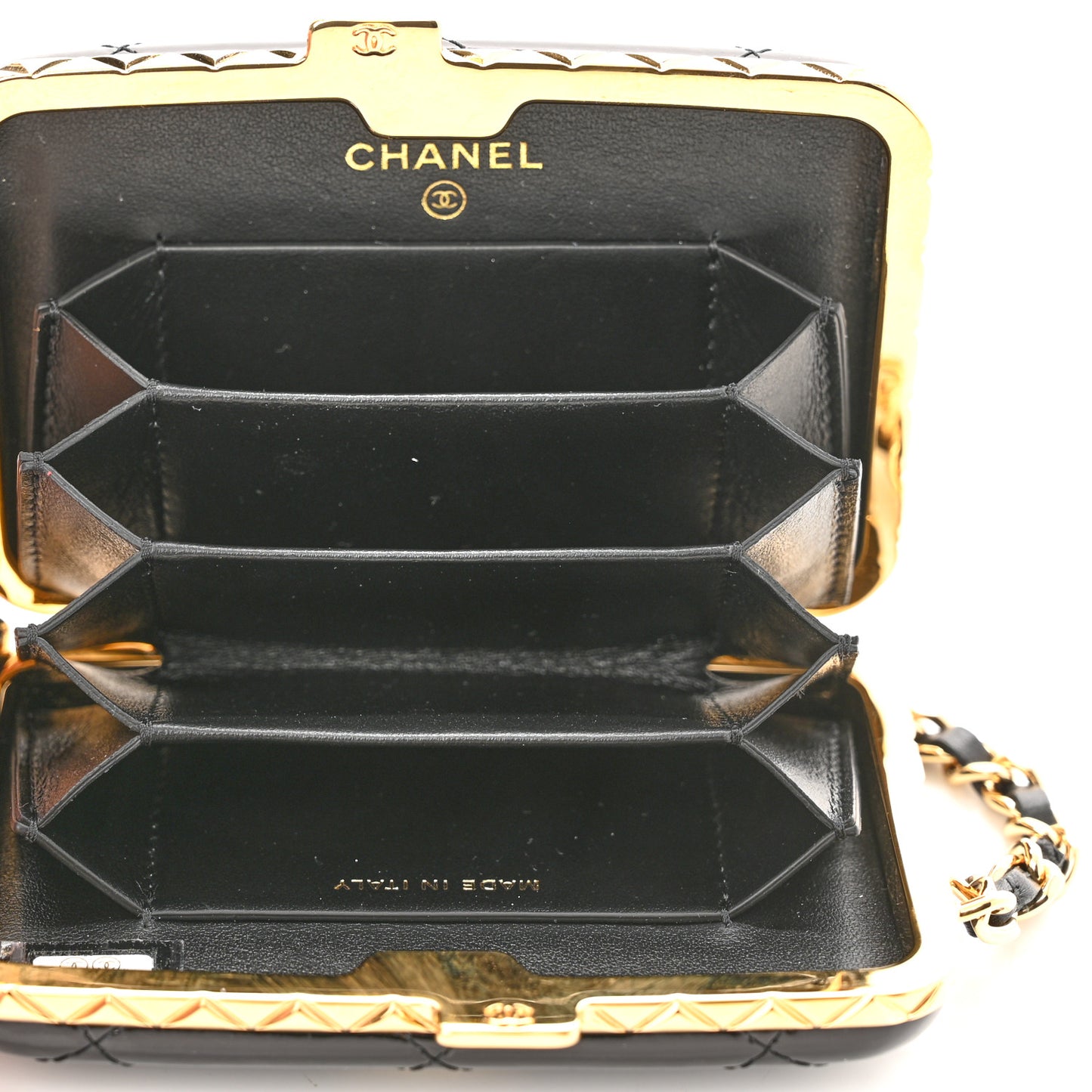 Glazed Goatskin Quilted Small Box With Chain Black