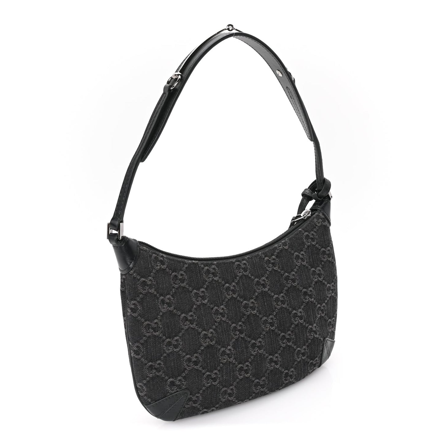 Jacquard Black Denim GG Monogram Horsebit Slim Small Shoulder Bag Black Grey