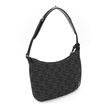 Gucci Jacquard Black Denim GG Monogram Horsebit Slim Small Shoulder Bag Black Grey 2 of 8