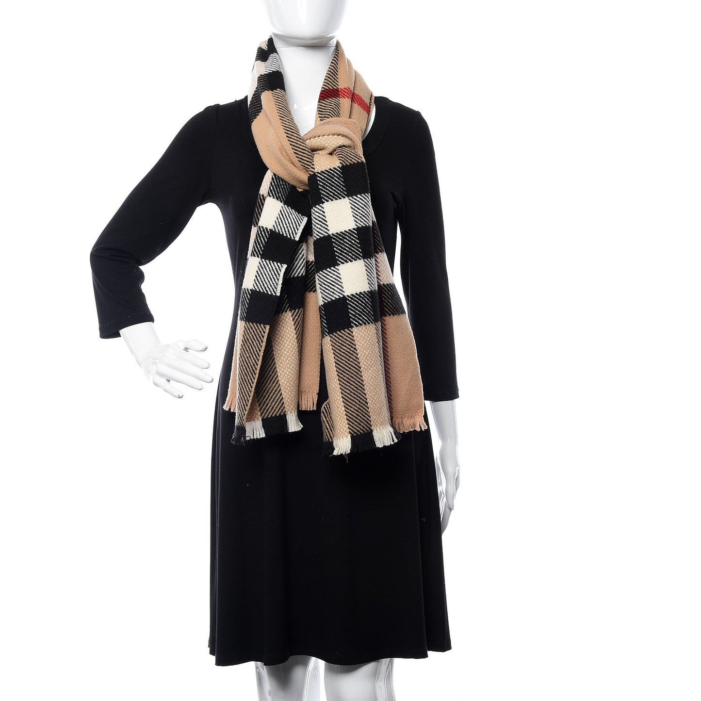 Cashmere Wool Mega Check Fringe Scarf Camel