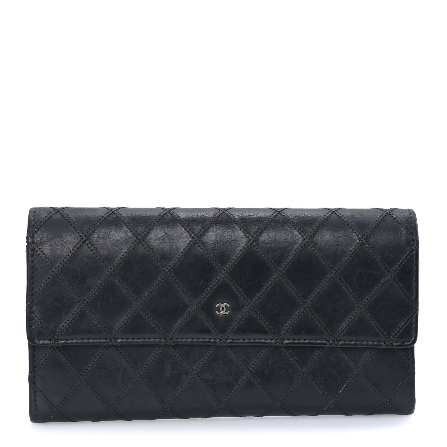 Calfskin Diamond Stitch Large Gusset Flap Wallet  Black