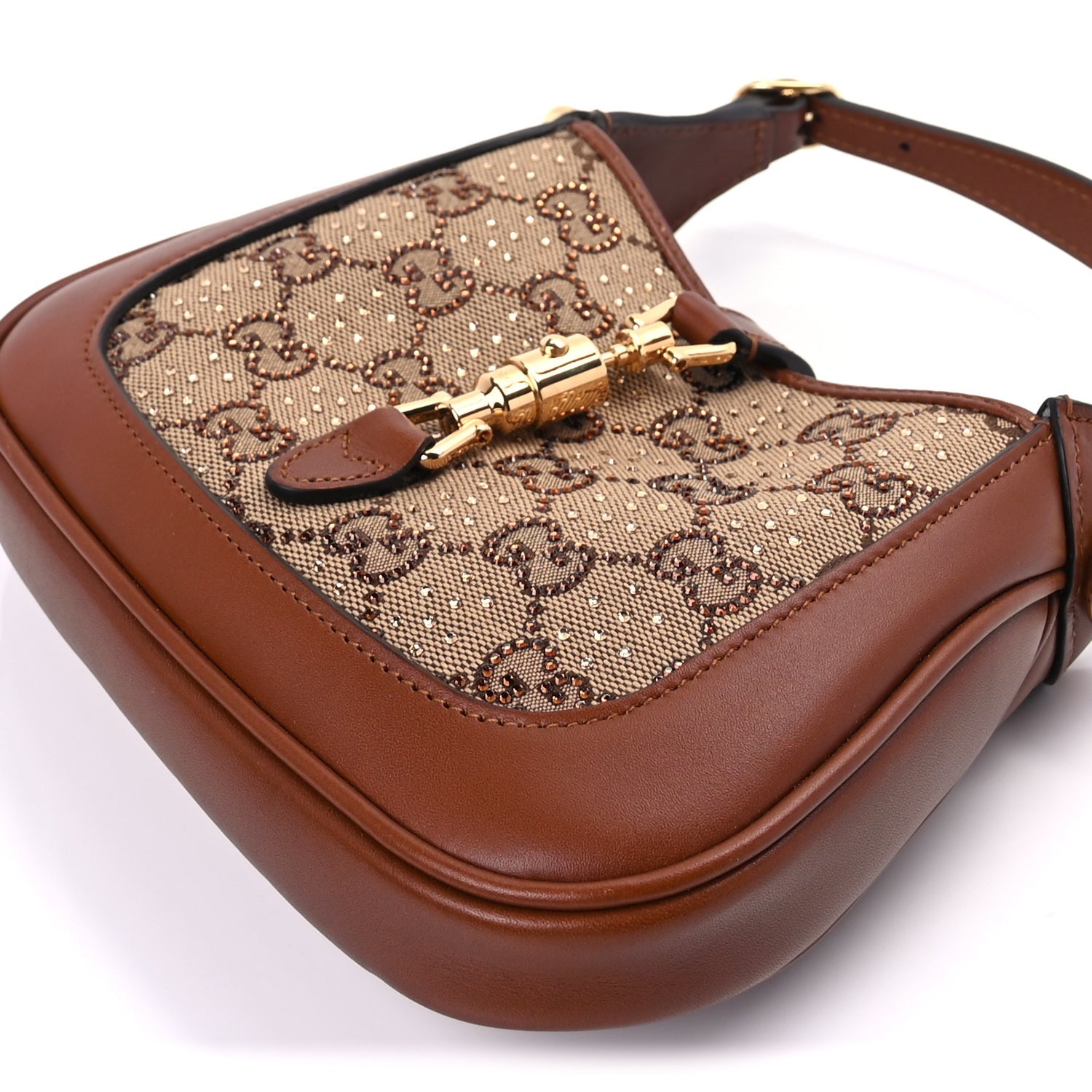 Gucci New Canvas Charisma Calfskin Crystal GG Monogram Mini Jackie 1961 Hobo Camel Ebony 7 of 7