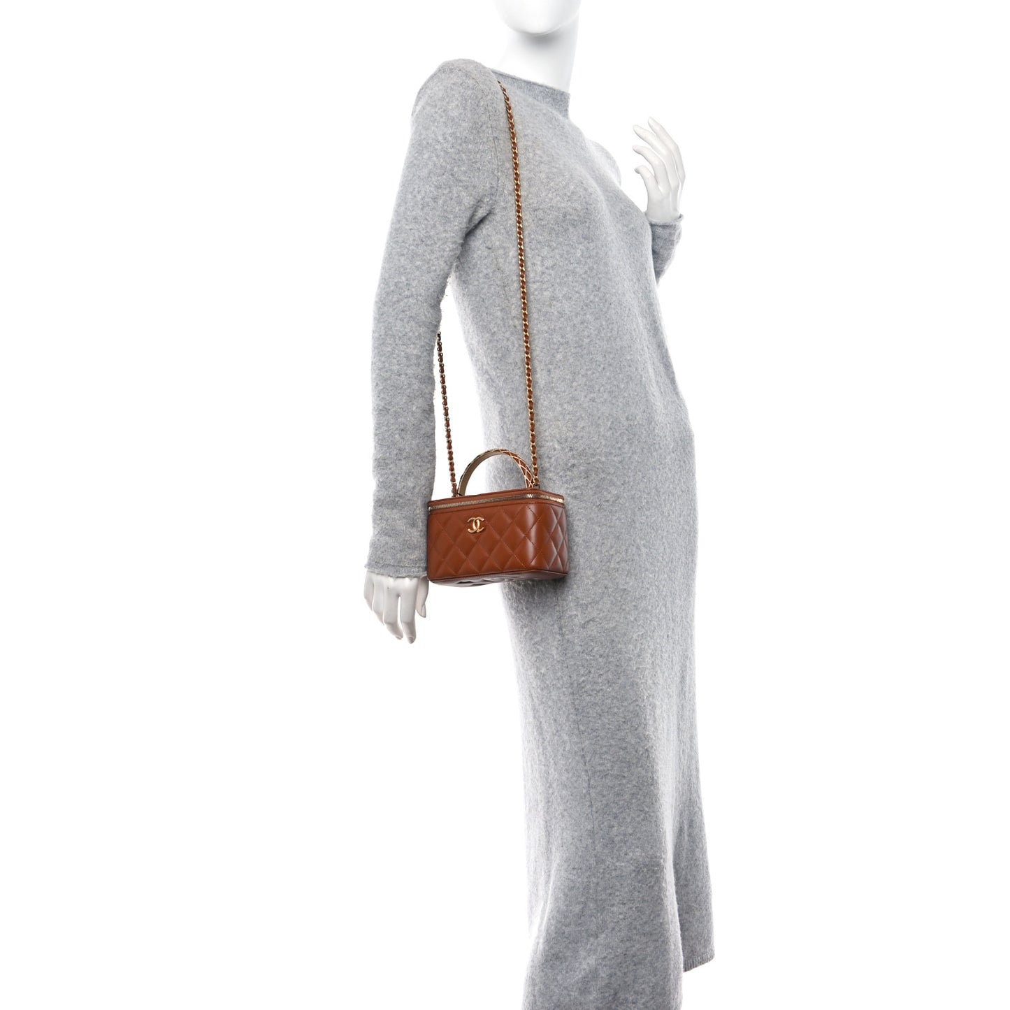 Lambskin Quilted Metal Twist Small Top Handle Vanity Case With Chain Brown