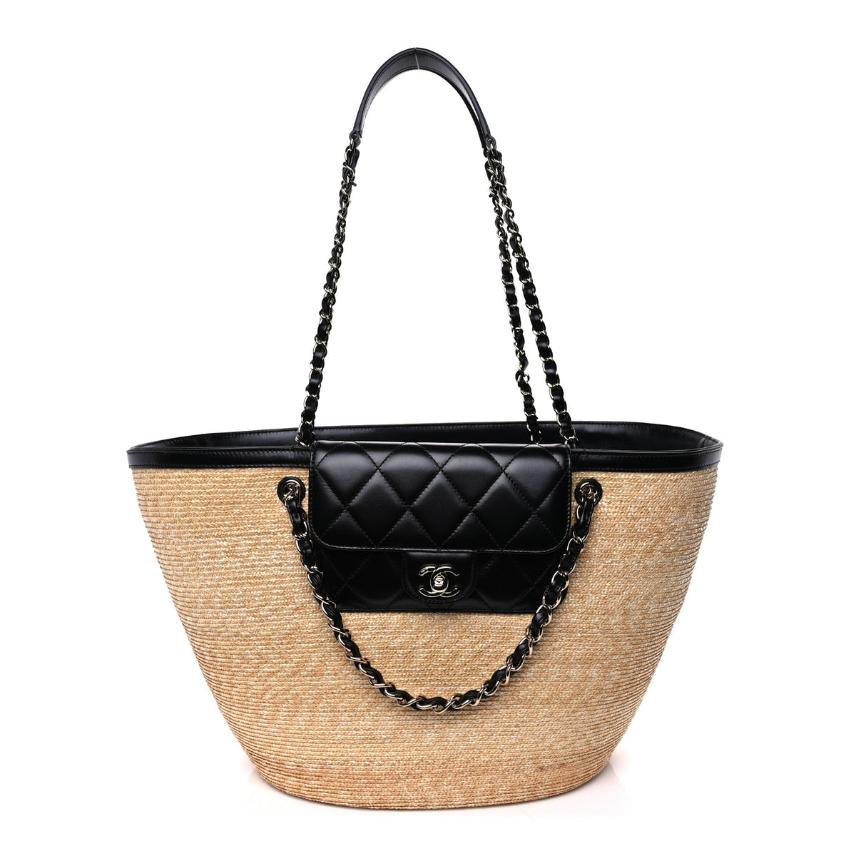 Raffia Braided Lambskin Shopping Tote Beige Black