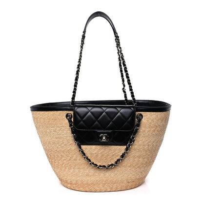 Chanel Raffia Braided Lambskin Shopping Tote Beige Black 2 of 9