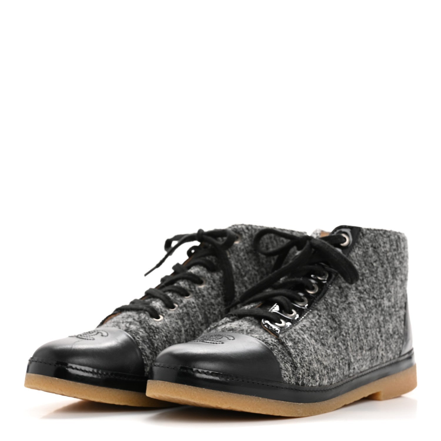 Chanel Wool Calfskin CC Lace Up Short Boots 37.5 Grey Black 4 of 7