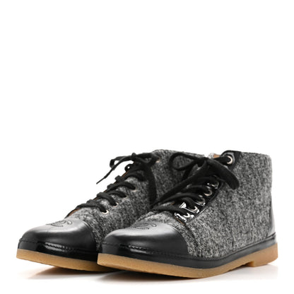 Chanel Wool Calfskin CC Lace Up Short Boots 37.5 Grey Black 4 of 7