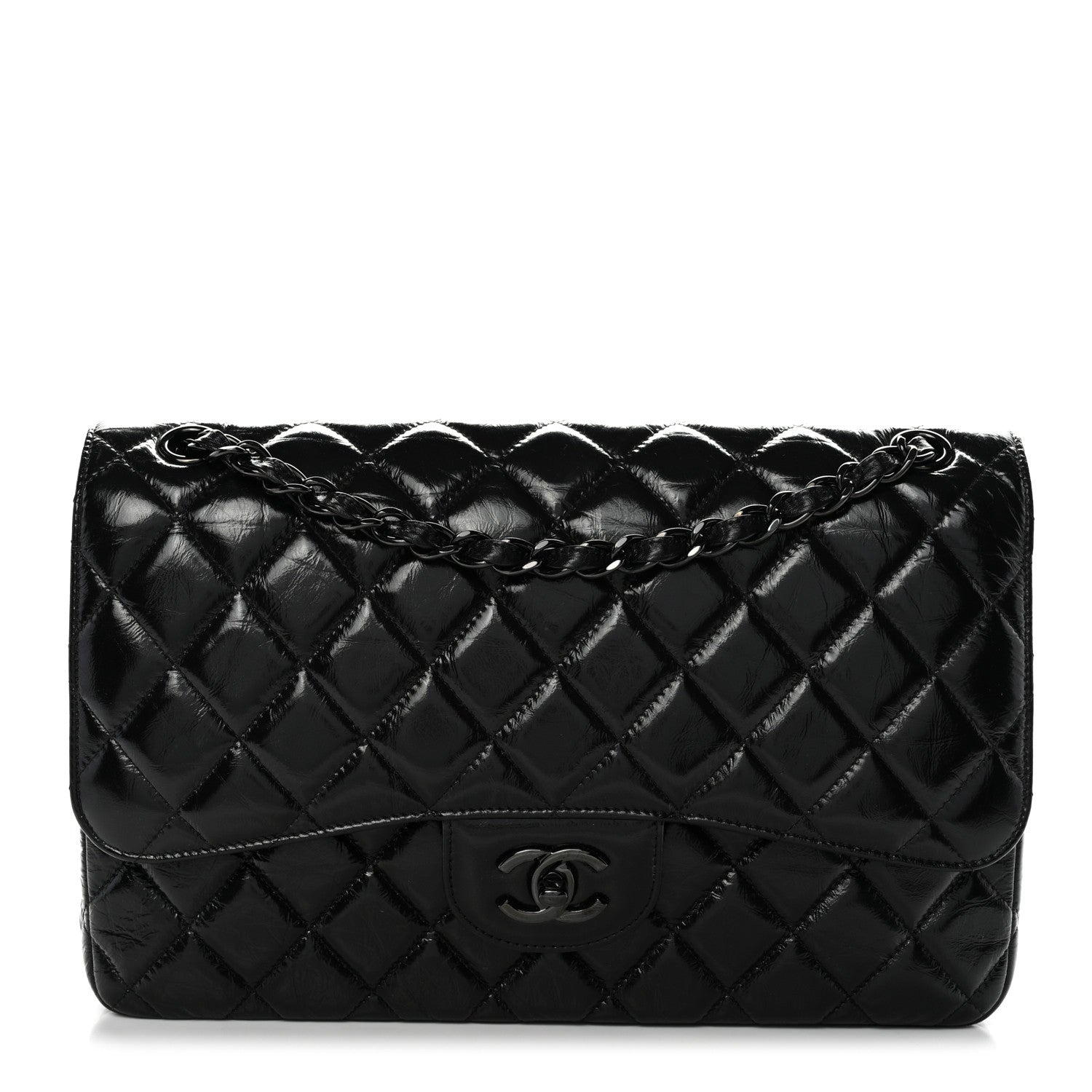 Chanel Shiny Distressed Calfskin Quilted Jumbo Double Flap So Black 1 of 12