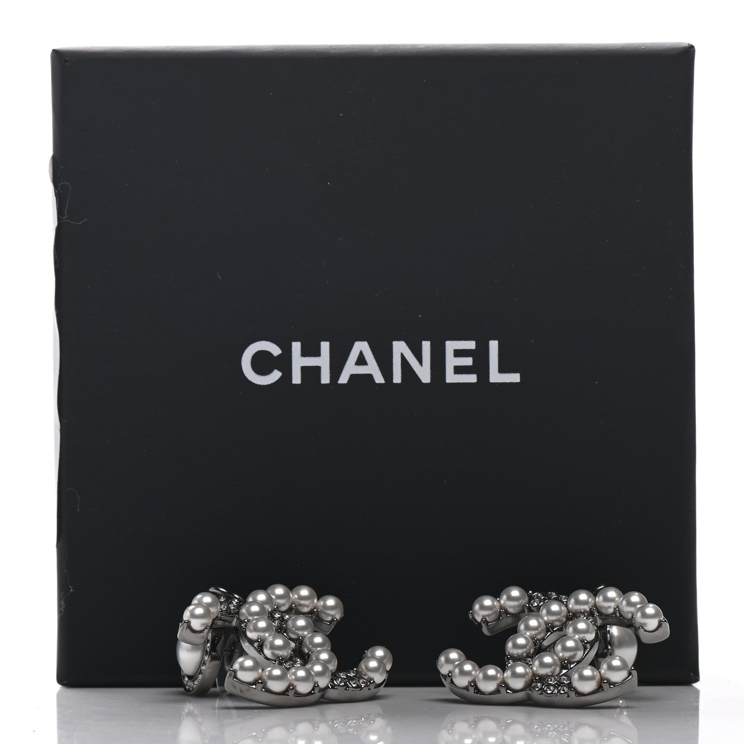 Chanel Pearl Crystal CC Drop Earrings Silver 5 of 5