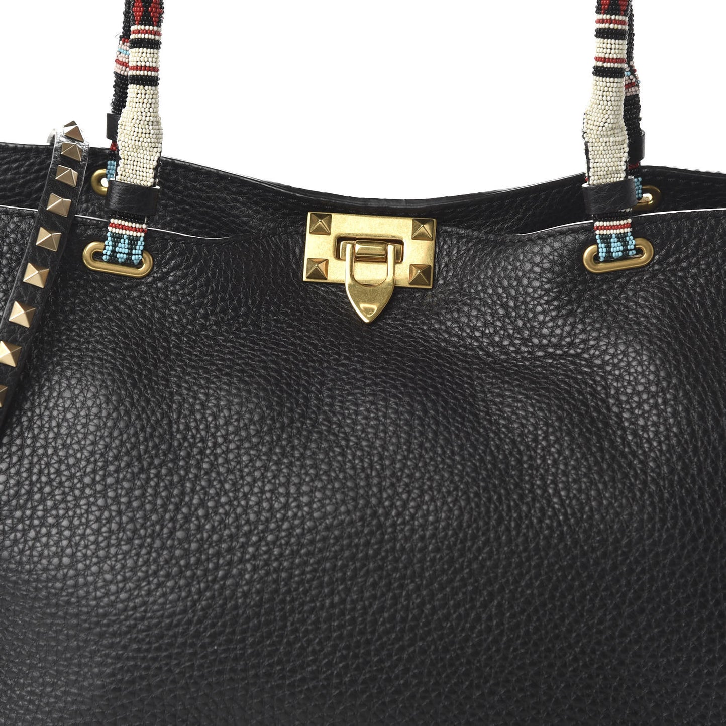 Pebbled Calfskin Beaded Medium Rockstud Tote Black