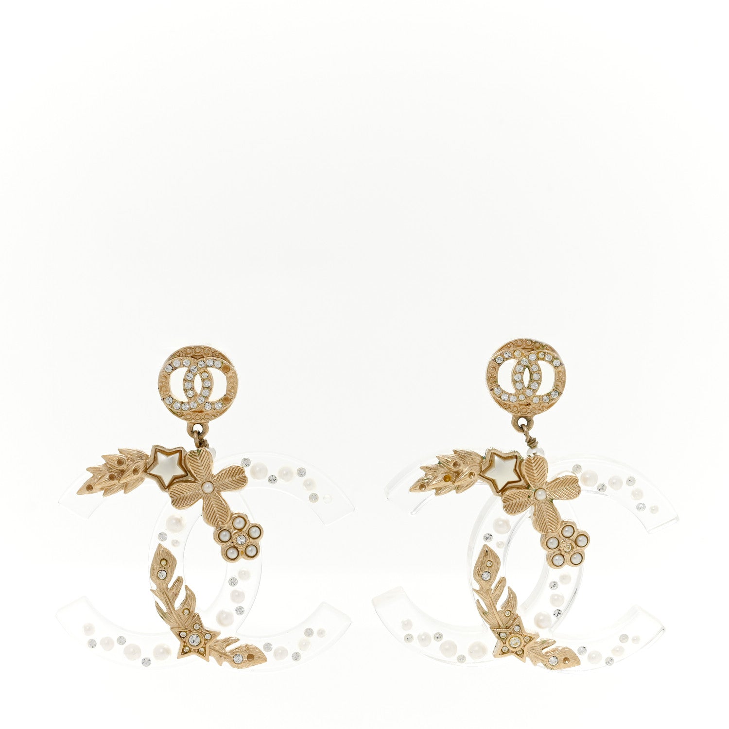 Chanel Crystal Pearl Resin CC Drop Earrings Gold 1 of 5