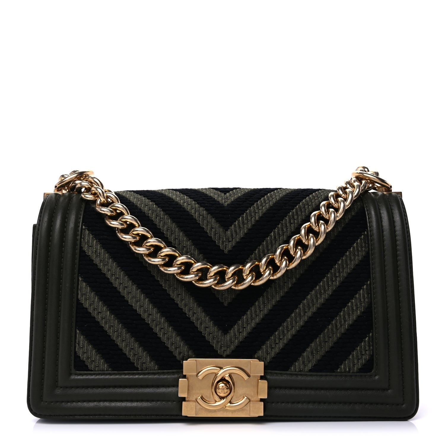Chanel Fabric Chevron Braided Medium Boy Flap Black Dark Green 1 of 8