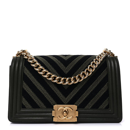 Chanel Fabric Chevron Braided Medium Boy Flap Black Dark Green 1 of 8