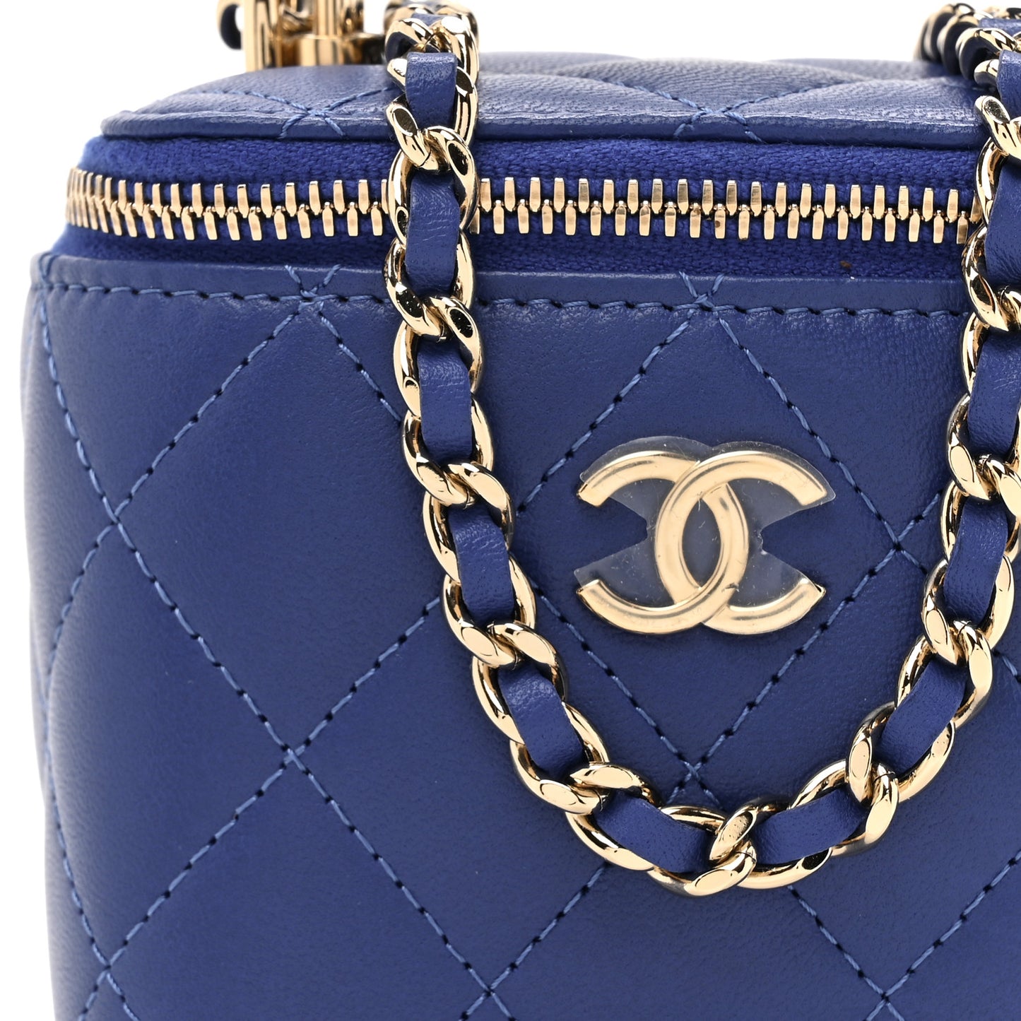 Lambskin Quilted Top Handle Mini Vanity Case With Chain Blue
