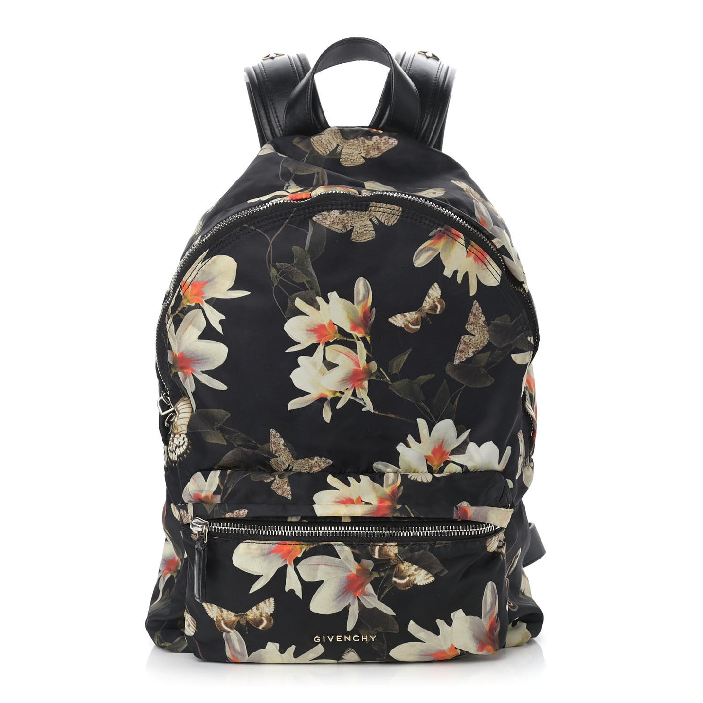 Nylon Calfskin Magnolia and Moth Print Backpack Black