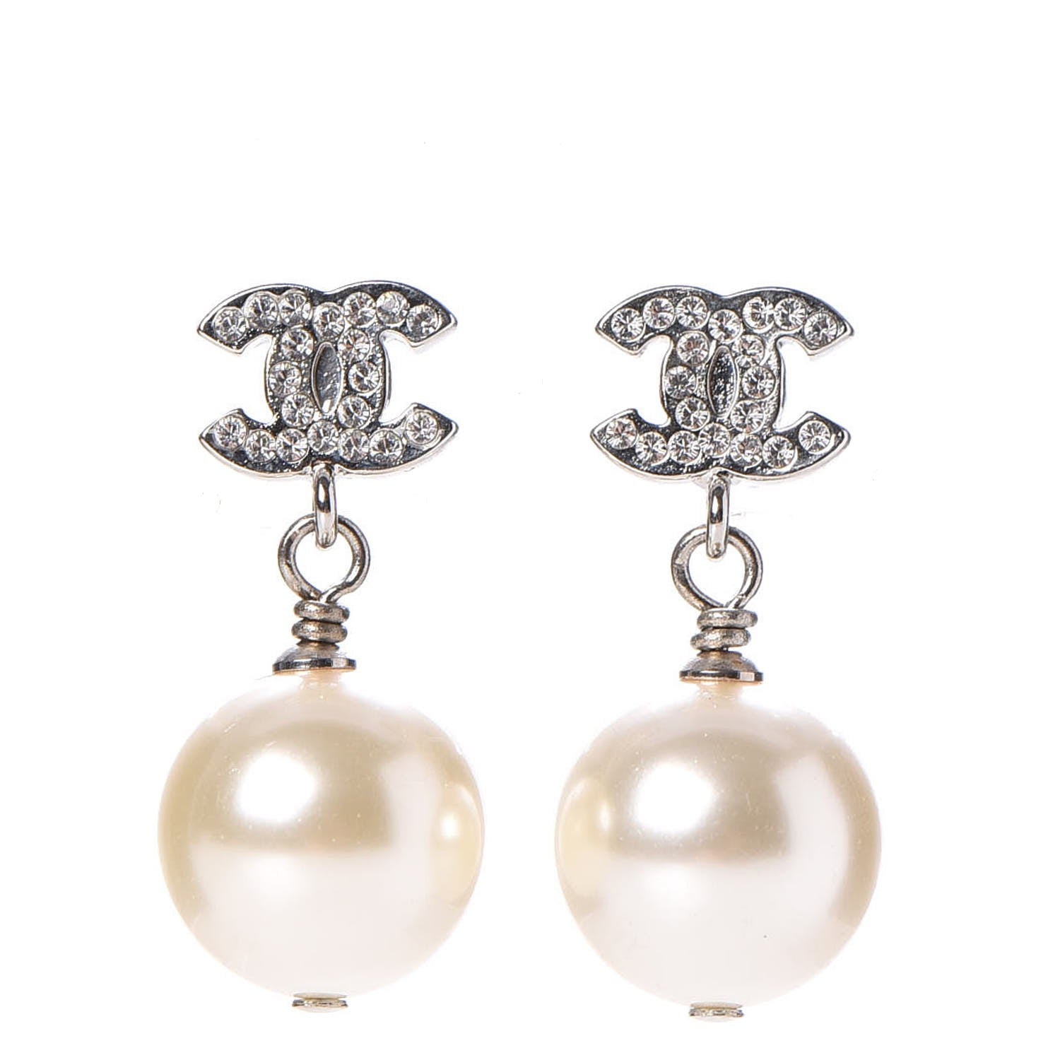 Chanel Crystal Pearl CC Drop Earrings Silver 1 of 6