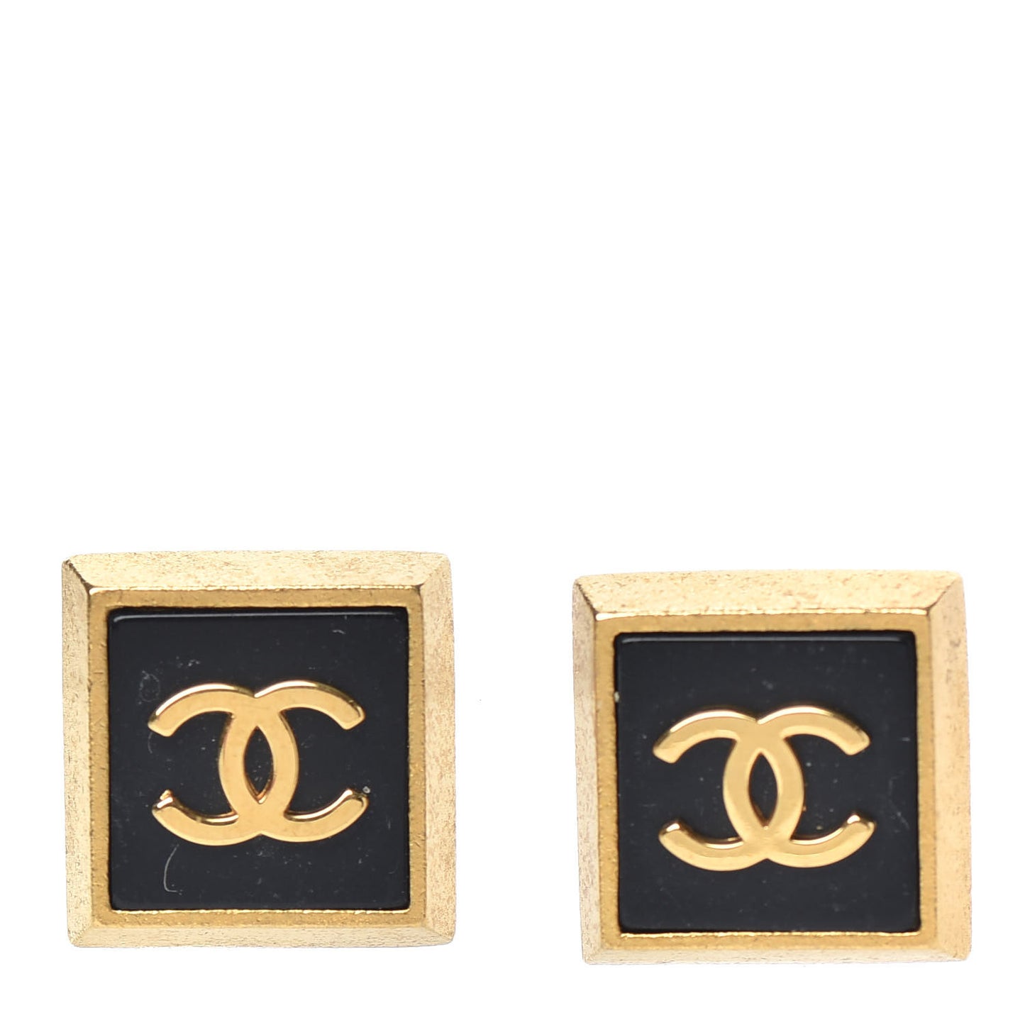 Metal CC Square Clip On Earrings Black Gold