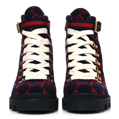 Gucci Covered Wool Big GG Monogram Womens Lace Up Combat Ankle Boots 38.5 Blue Red 2 of 9