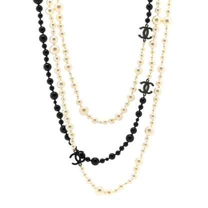 Chanel Pearl Bead CC Long Double Strand Necklace Black White 1 of 4