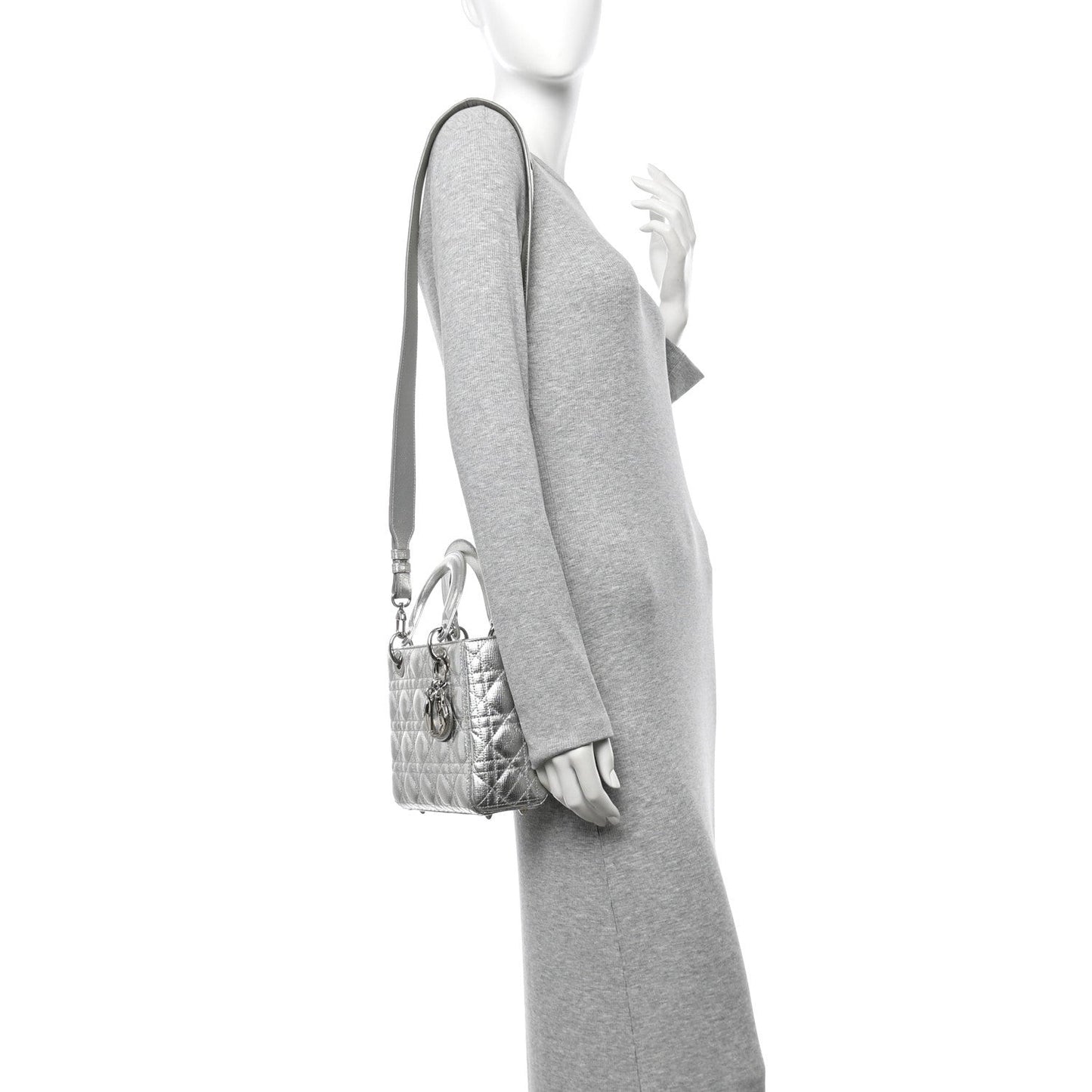 Metallic Grained Calfskin Cannage Small Lucky Badges My Lady Dior Silver
