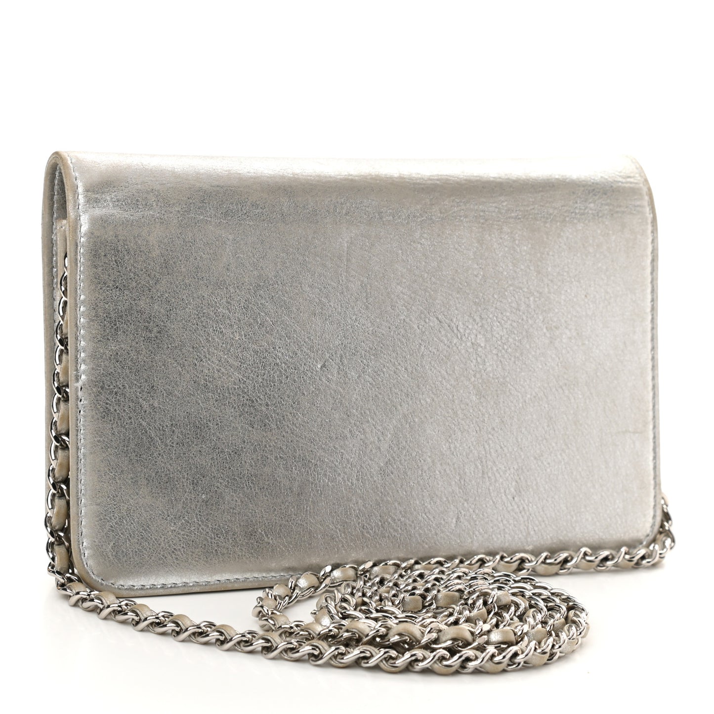 Metallic Lambskin Wallet on Chain WOC Silver