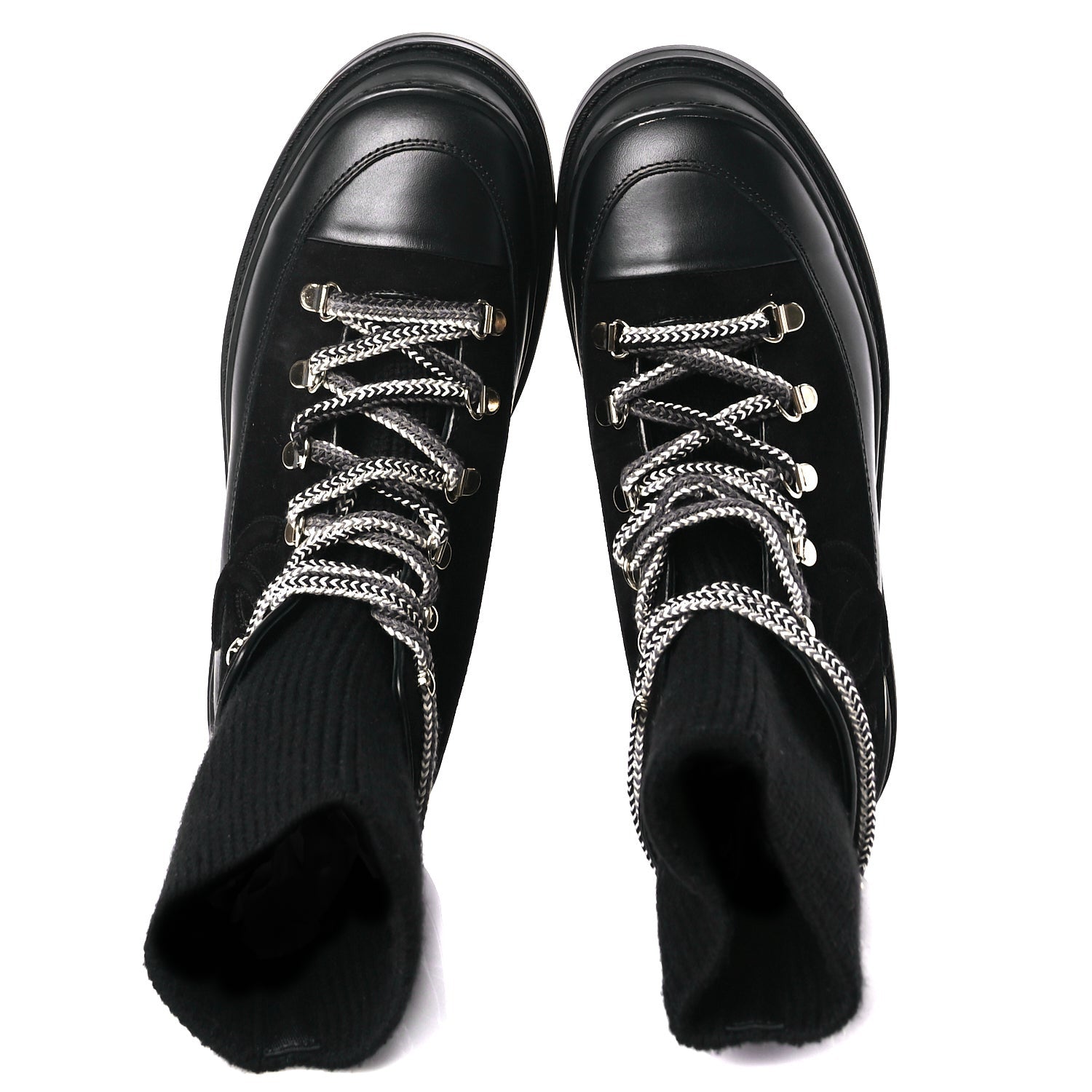 Chanel Suede Knit Womens Sock Lace Up Boots Black 3 of 7