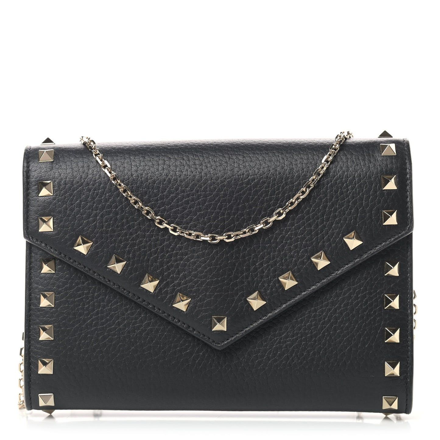 Pebbled Calfskin Rockstud Envelope Wallet on Chain Black