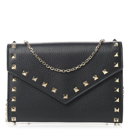 Valentino Garavani Pebbled Calfskin Rockstud Envelope Wallet on Chain Black 1 of 10