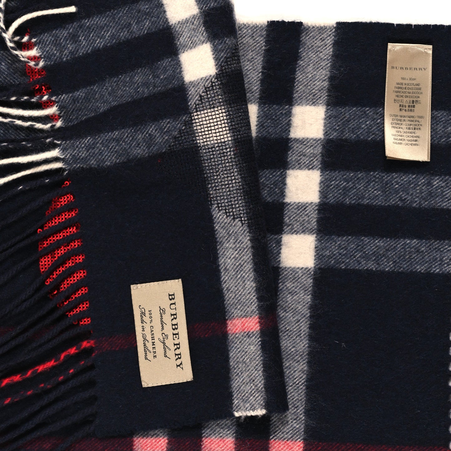 Cashmere Sequin Check Heart Fringe Scarf Navy Red