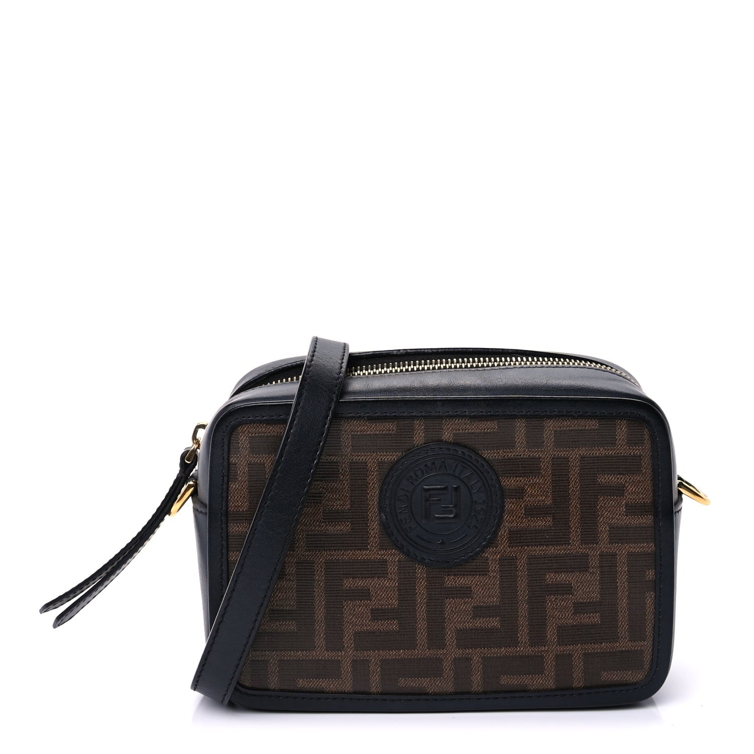 Fendi Glazed Fabric Vitello Century FF 1974 Stamp Patch Mini Camera Case Mogano Panna Black 1 of 8