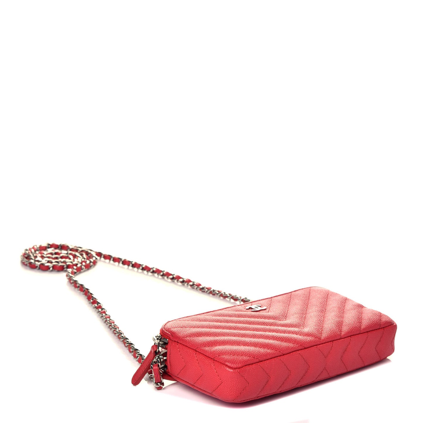 Caviar Chevron Quilted Small Clutch With Chain Light Red
