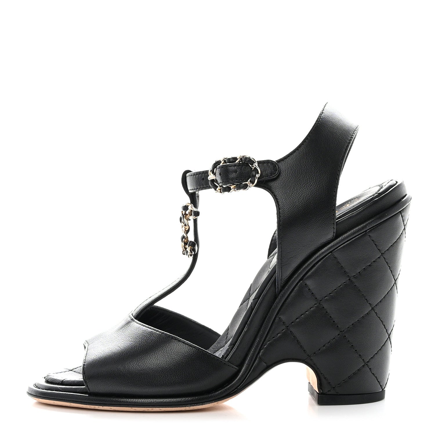 Chanel Lambskin Quilted Chain CC Wedge Sandals 36 Black 1 of 9