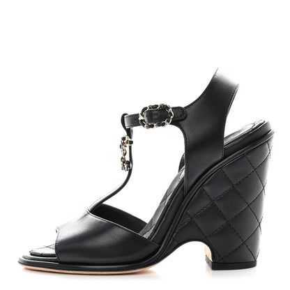 Chanel Lambskin Quilted Chain CC Wedge Sandals 36 Black 1 of 9