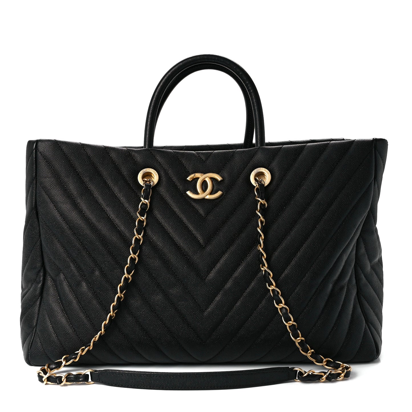 Caviar Chevron Large Coco Handle Shopping Tote Black