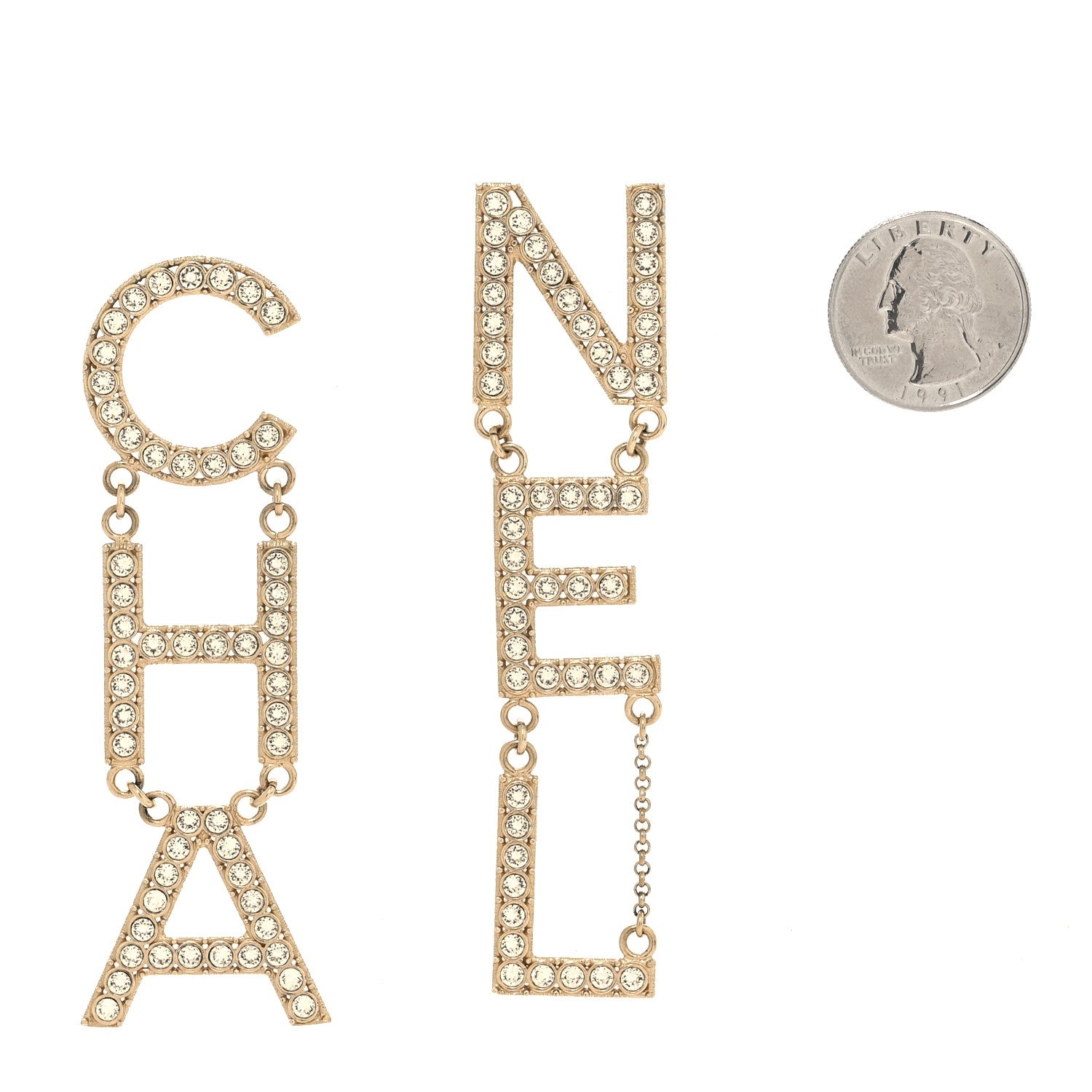 Chanel Crystal Cha-Nel Logo Drop Earrings Gold 2 of 5