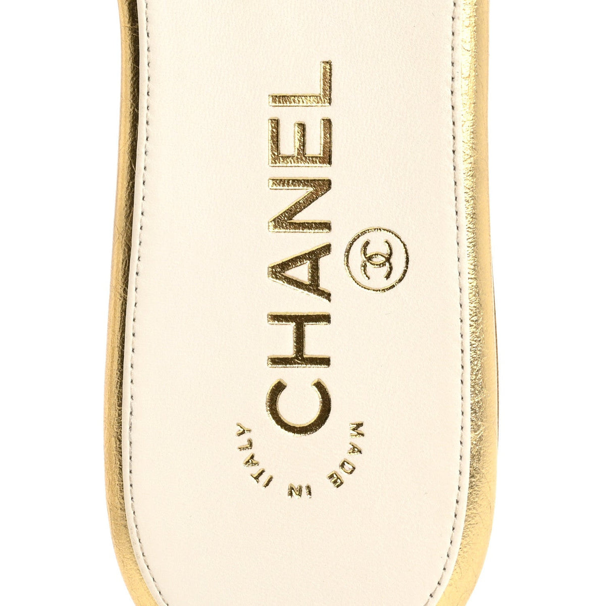 Laminated Lambskin Camellia CC Slide Sandals 36 Gold