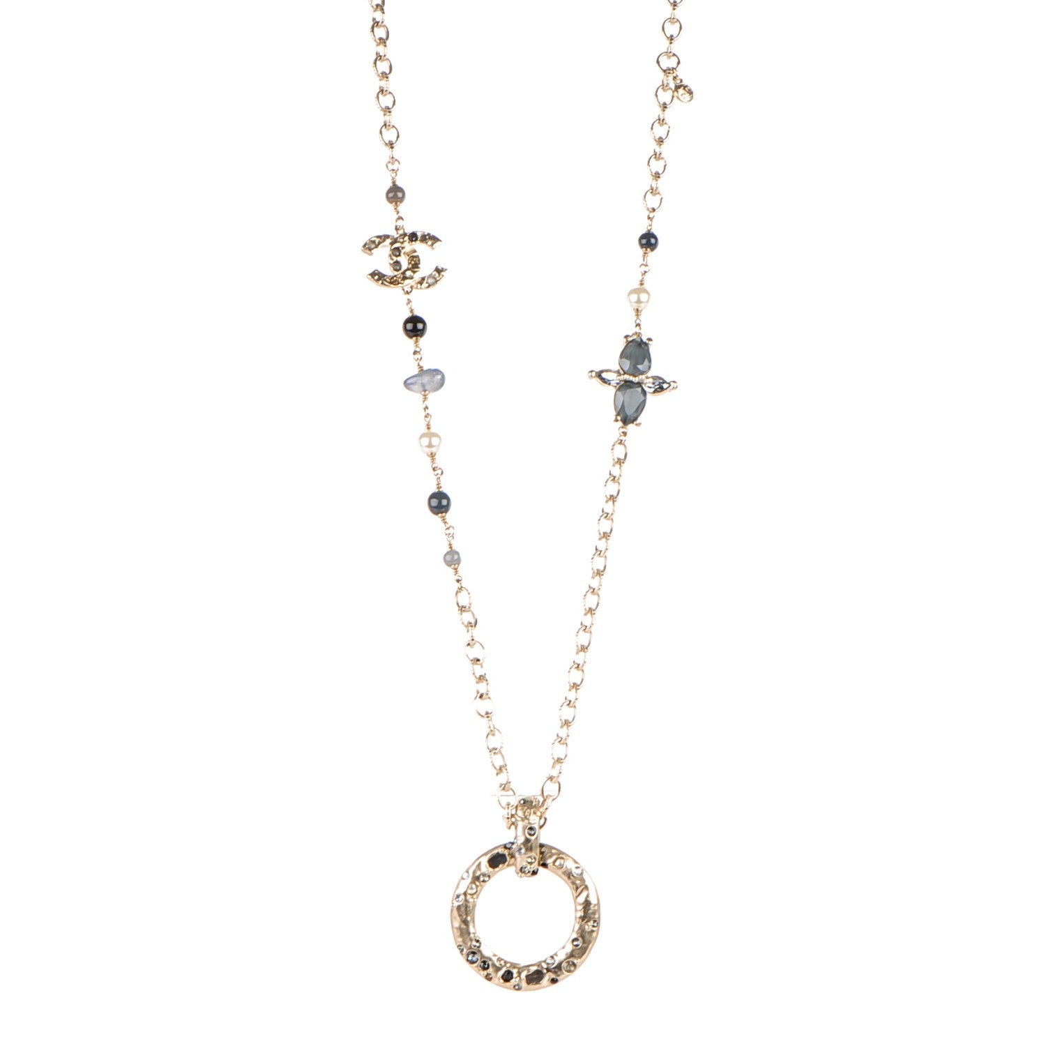 Chanel Pearl Crystal Bead CC Long Necklace Gold Grey Multicolor 1 of 7