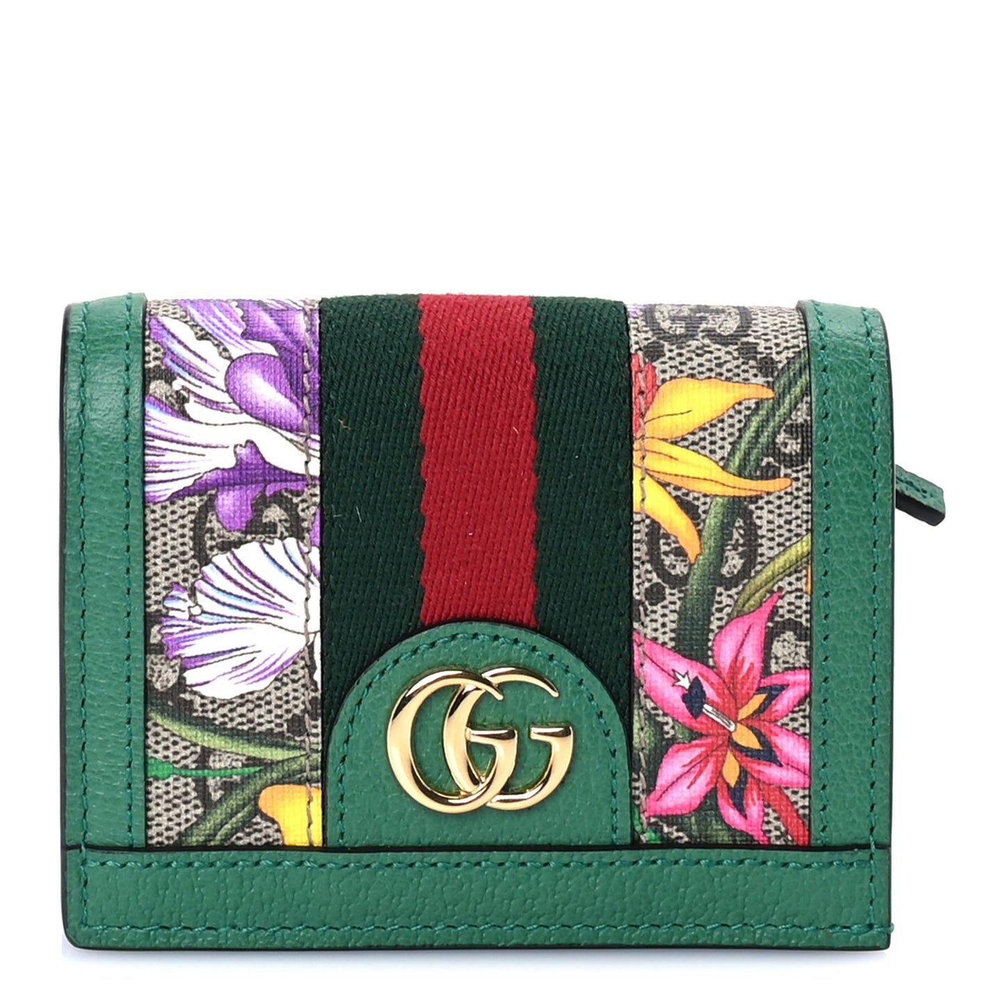 GG Supreme Monogram Flora Web Ophidia Card Case Green