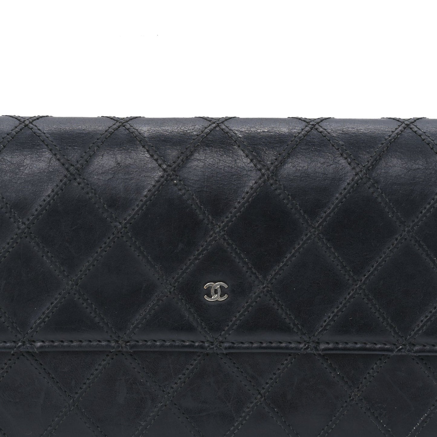 Calfskin Diamond Stitch Large Gusset Flap Wallet  Black