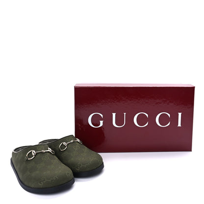 Gucci New Canvas Monogram GG Granada Kid Womens Horsebit Mules 37.5  Green 10 of 10